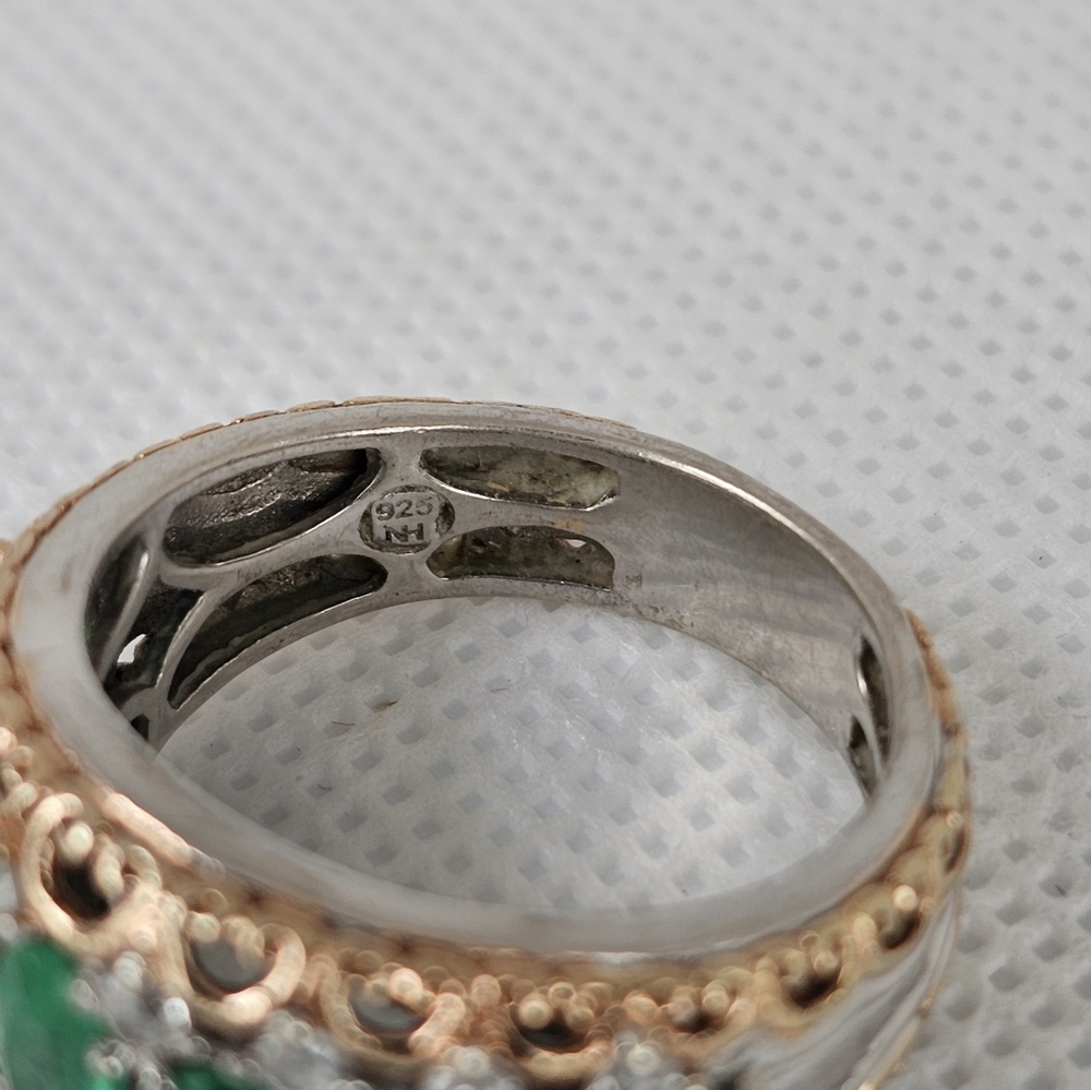 Gems en Vogue Grizzly Emerald & Zircon Palladium Sterling Silver 18k Ring Sz 8! - Picture 8 of 10